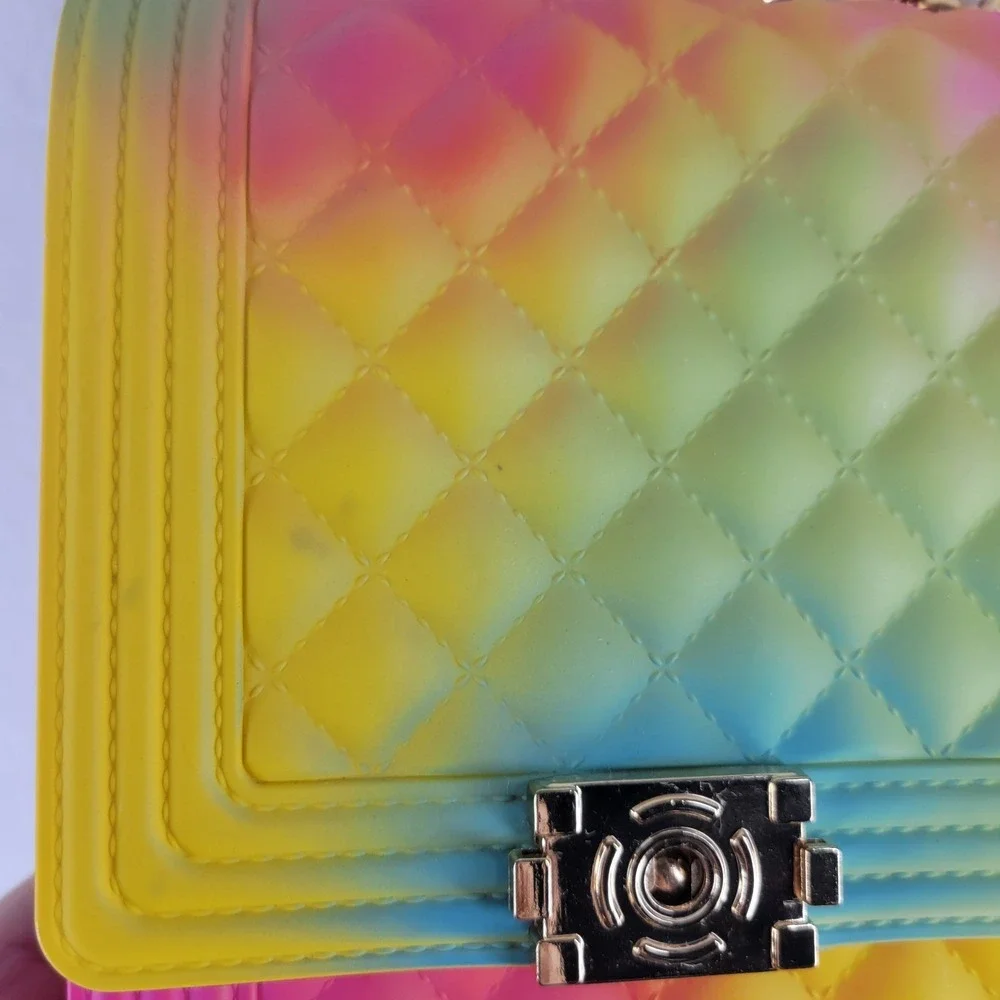 Epicstep Quilted‎ Rainbow Jelly Crossbody Bag Gold Chain Strap Ombre Tie Dye Y2K